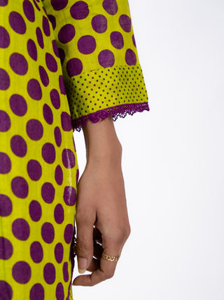 Green Purple Cotton Printed Short Kurta Set | Bandhani Style | For Women