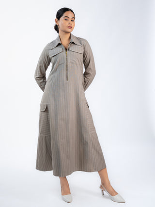 Grey Lawn Striped Midi Dress | Zip Front | For Women