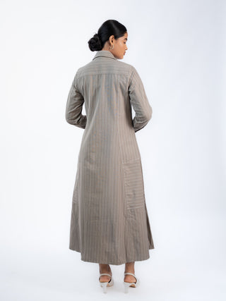 Grey Lawn Striped Midi Dress | Zip Front | For Women