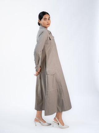 Grey Lawn Striped Midi Dress | Zip Front | For Women
