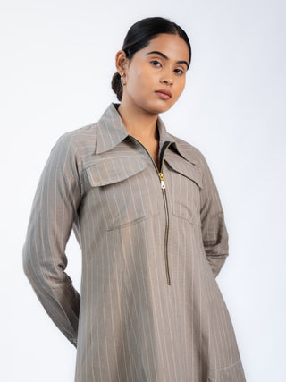 Grey Lawn Striped Midi Dress | Zip Front | For Women