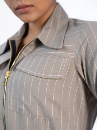 Grey Lawn Striped Midi Dress | Zip Front | For Women