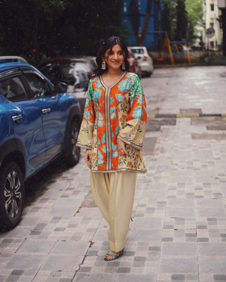 Multicolor Printed Dola Silk farsi Salwar Set