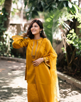 Mustered Yellow Gajji Silk Embroidered Sharara Set with Elasticated Waist Pant and Dupatta
