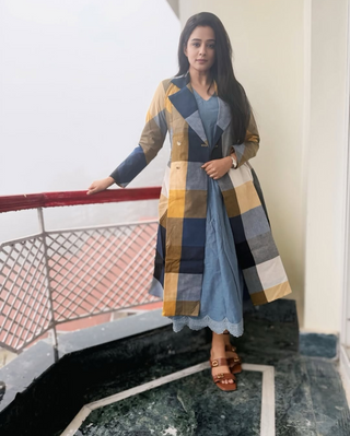 Pink Madras Cotton Checks Long jacket & Sleeveless Dress