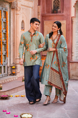 Cotton Green Floral Printed Men Short Kurta