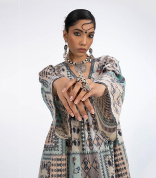 Grey Cotton kurta with long bell sleeves.