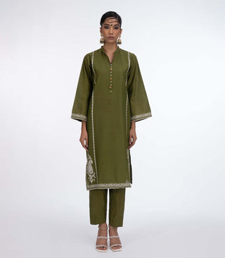 Mehandi Green Lawn Embroiderd co-ord set