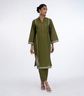 Mehandi Green Lawn Embroiderd co-ord set