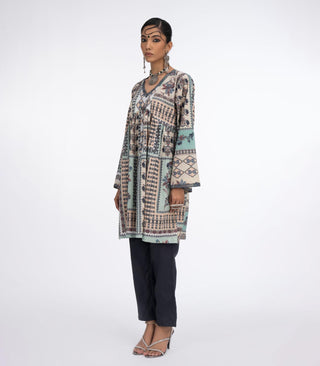Grey Cotton kurta with long bell sleeves.