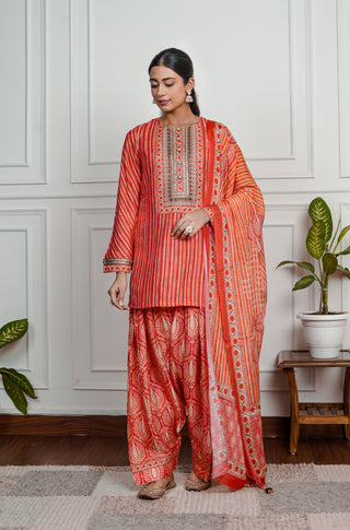 Red  Printed Dola Silk Farsi Salwar With Dupatta