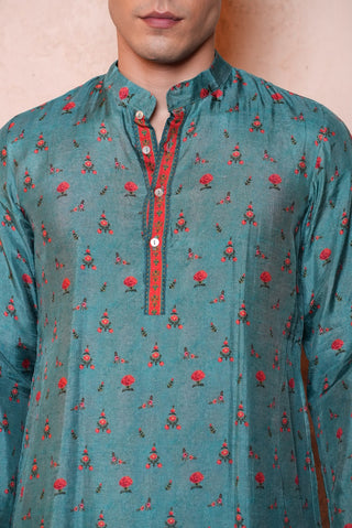 Blue Dola silk Printed Long Men Kurta